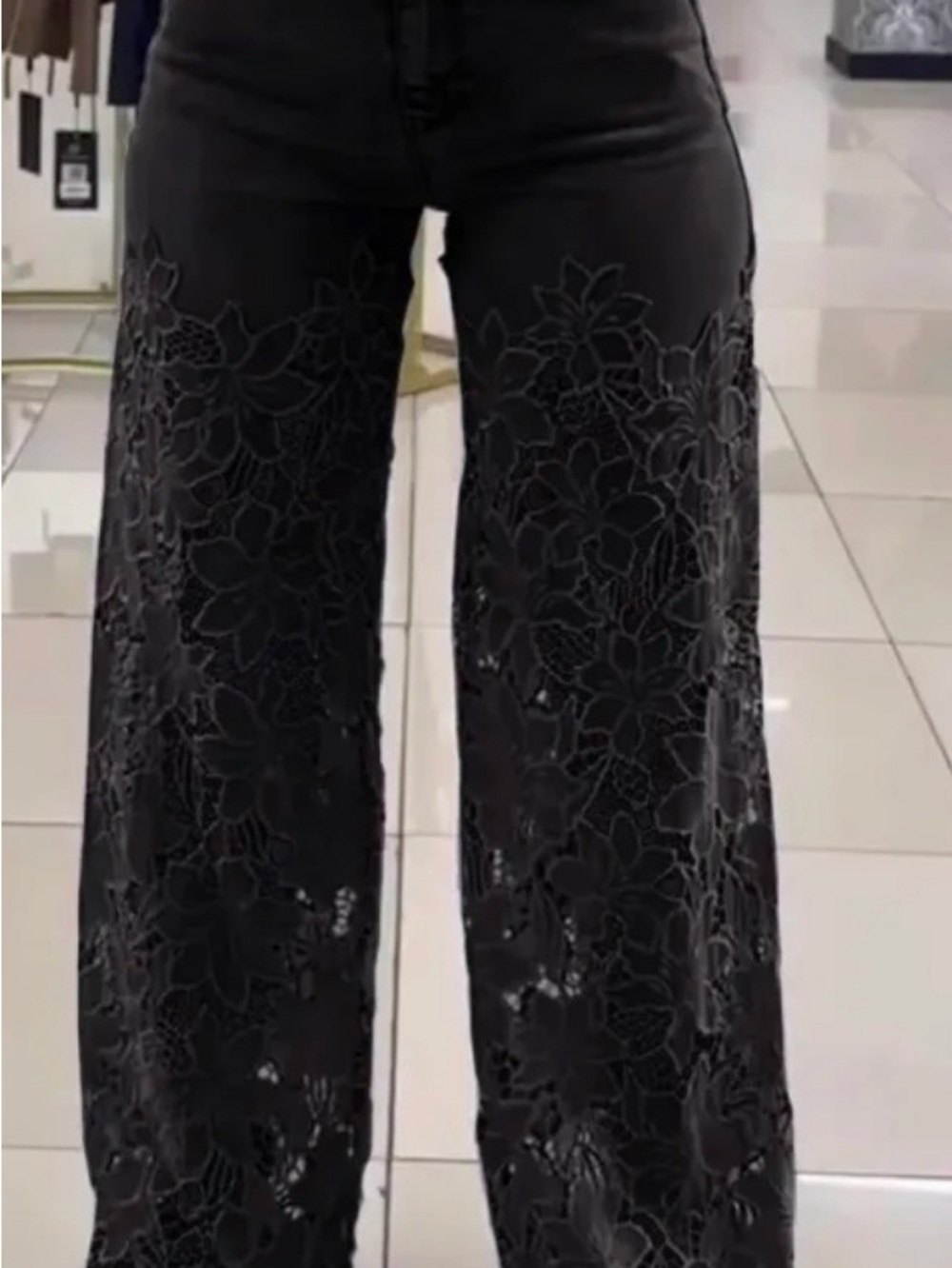 Black Lace Floral Wide-Leg Pants
